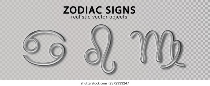 Zodiac silver signs Cancer, Leo, Virgo, with shadow isolated on transparent background. Luxury 3d realistic signs for astrology horoscope predictions.