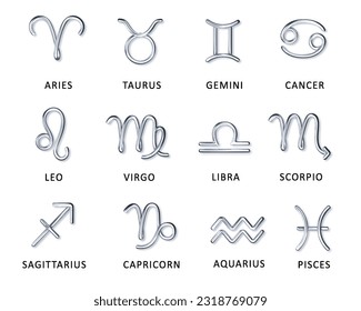 Zodiac silver signs with latin names vector illustrations set. Realistic symbols for astrological calendar, horoscope. Luxury 3d signs set for astrology horoscope predictions