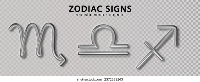 Zodiac silver signs Libra, Scorpio, Sagittarius, with shadow isolated on transparent background. Luxury 3d realistic signs for astrology horoscope predictions.