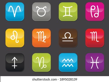 Zodiac simply icons for web and user interfaces. Colored buttons on a dark background