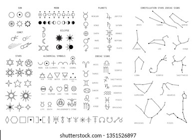 Zodiac sings constellation, alchemy astrology astronomy symbols, isolated icons. Planets, stars pictograms. Big esoteric set in line art black and white color  geometric 