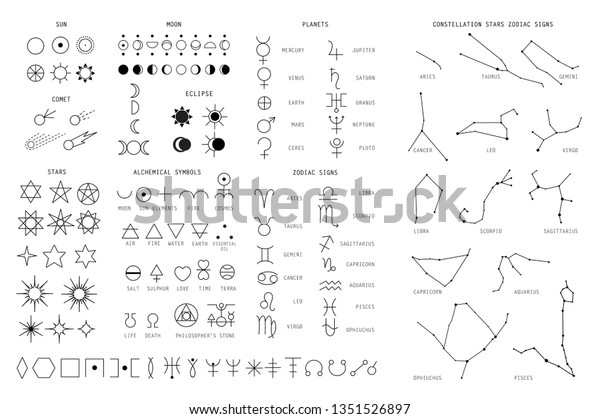 Zodiac sings\
constellation, alchemy astrology astronomy symbols, isolated icons.\
Planets, stars pictograms. Big esoteric set in line art black and\
white color  geometric 