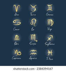 Zodiac sings set with captions. Horoscope and astrology symbols glossy icons with shine on black background. Vector illustration.