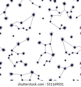 Zodiac sky. Abstract seamless vector pattern with constellations. 1950s-1960s motifs. Retro textile collection. Black and white.