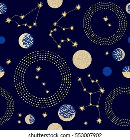 Zodiac sky. Abstract seamless vector pattern with constellations, crescent moon and circlres. 1950s-1960s motifs. Retro textile collection. Golden on dark.