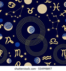 Zodiac sky. Abstract seamless vector pattern with constellations, crescent moon, circles and zodiac signs. 1950s-1960s motifs. Retro textile collection. Golden on dark.