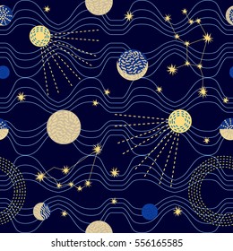 Zodiac sky. Abstract seamless vector pattern with constellations, crescent moon and sputniks. 1950s-1960s motifs. Retro textile collection. Golden on dark.