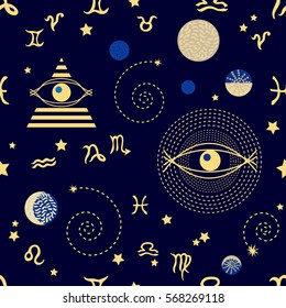 Zodiac sky. Abstract seamless vector pattern with constellations, crescent moon and astrological symbols. 1950s-1960s motifs. Retro textile collection. Golden on dark.
