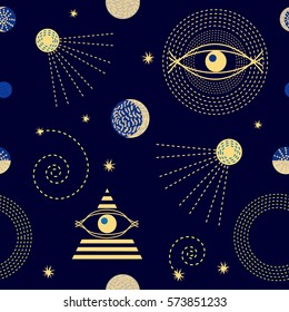 Zodiac sky. Abstract seamless vector pattern with constellations, crescent moon, sputniks and astrological symbols. 1950s-1960s motifs. Retro textile collection. Golden on dark.