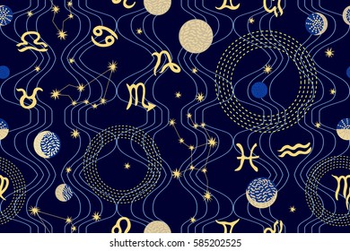 Zodiac sky. Abstract seamless vector pattern with constellations, crescent moon, stars and zodiac signs. 1950s-1960s motifs. Retro textile collection. Golden on dark wavy background.
