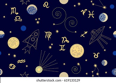 Zodiac sky. Abstract seamless vector pattern with constellations, crescent moon, circles and zodiac signs. 1950s-1960s motifs. Retro textile collection. Golden on dark.