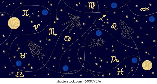 Zodiac sky. Abstract seamless vector pattern with constellations, moon, stars, space ships and zodiac signs. 1950s-1960s motifs. Retro textile collection. Golden on dark.