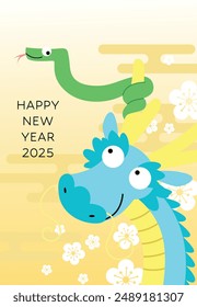 Zodiac snake and dragon 2025 new year card. Chinese new year of the snake 2025 card with green snake on a dragon head with oriental background.