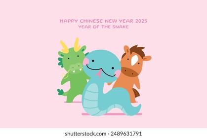 Zodiac Snake für das neue Jahr 2025 mit Drachen und Pferd. Chinesisches Neujahr der Schlange mit Tierkreisen.