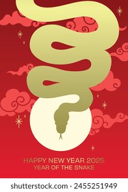 Zodiac snake on auspicious clouds pattern with moon. Snake zigzag silhouette chinese new year 2025 greeting card.