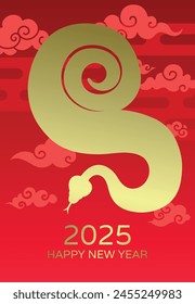 Zodiac snake silhouette curled up with auspicious clouds in background. Chinese new year of the snake or lunar new year 2025 greeting card.