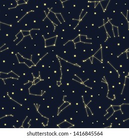 Zodiac star constellations seamless pattern. Yellow glowing stars on dark background seamless wallpaper. Perfect for banners, prints, posters, fabric, textile, etc.