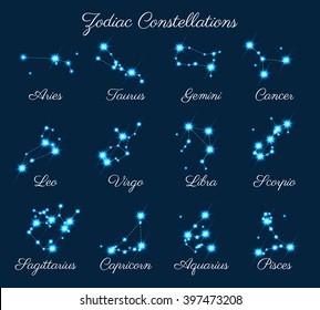 Zodiac stars constellations vector. Leo and Virgo, Scorpio and Libra, Aquarius and Sagitarius