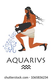 Zodiac in the style of Ancient Greece. Aquarius. Man with a beard, long hair and laurel wreath, resting on one knee, pouring water from an amphora. Isolated on white background.