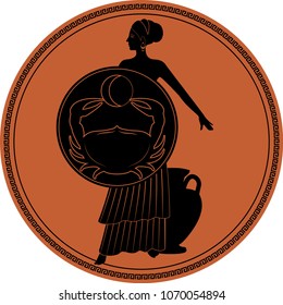 Zodiac in the style of Ancient Greece. Cancer. Girl wearing peplum placing a shield with the image of a crab and an amphora at her feet. Black figure inscribed in a circle surrounded by a fret.
