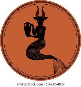 Zodiac in the style of Ancient Greece. Capricorn. Mythological figure of man with goat's head and fish tail holding an amphora. Black figure inscribed in a circle surrounded by a fret.