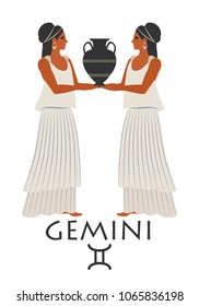 Zodiac in the style of Ancient Greece. Gemini. Two girls wearing clothes and earrings in the style of ancient Greece carrying an amphora. Isolated on white background.