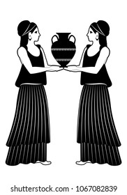 Zodiac in the style of Ancient Greece. Gemini. Two girls wearing clothes and earrings in the style of ancient Greece carrying an amphora. Isolated on white background.