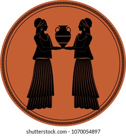 Zodiac in the style of Ancient Greece. Gemini. Two girls wearing clothes and earrings in the style of ancient Greece carrying an amphora. Black figure inscribed in a circle surrounded by a fret.