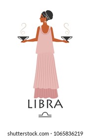 Zodiac in the style of Ancient Greece. Libra. Woman dressed in the style of ancient Greece carrying small amphoras or smoking vessels in each hand. Isolated on white background.