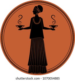 Zodiac in the style of Ancient Greece. Libra. Woman carrying small amphoras or smoking vessels in each hand. Black figure inscribed in a circle surrounded by a fret.