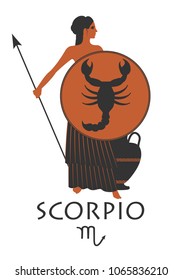Zodiac in the style of Ancient Greece. Scorpio. Warrior woman wearing a shield with a scorpion and spear with an amphora at his feet. Isolated on white background.