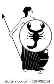 Zodiac in the style of Ancient Greece. Scorpio. Warrior woman wearing a shield with a scorpion and spear with an amphora at his feet. Isolated on white background.