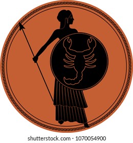 Zodiac in the style of Ancient Greece. Scorpio. Warrior woman wearing a shield with a scorpion and spear. Black figure inscribed in a circle surrounded by a fret.