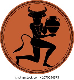 Zodiac in the style of Ancient Greece. Taurus. Black figure of man with head of bull, horns and tail, knee in earth carrying an amphora. Black figure inscribed in a circle surrounded by a fret.