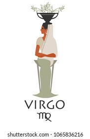 Zodiac in the style of Ancient Greece. Virgo. Woman dressed in the style of ancient Greece, sitting on a tripod and carrying an amphora with olive branches on her head. Isolated on white background.