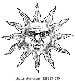 Zodiac Sun icon. Astrology horoscope with signs. Character with a face for Calendar template. Bohemian classic vintage style. Engraved hand drawn in doodle sketch.