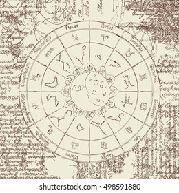 zodiac with the sun, moon and constellations against the background of the papyrus with different symbols