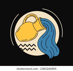 Zodiac symbol Aquarius concept. Water bearer astrological sign. Horoscope and prediction. Graphic element for website. Cartoon flat vector illustration isolated on black background