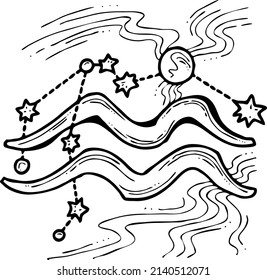 Zodiac symbol Aquarius with stars constellation for future telling. Horoscope sing mysterious and occult science. Hand drawn retro vintage vector illustration. Old style comics cartoon drawing.