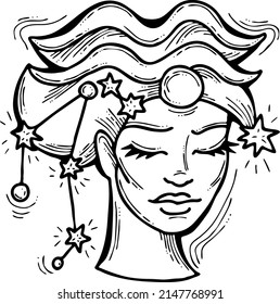 Zodiac symbol Aquarius and stars constellation for future telling. Beautiful face horoscope sing mysterious and occult science. Hand drawn retro vintage vector illustration. Old style cartoon drawing.