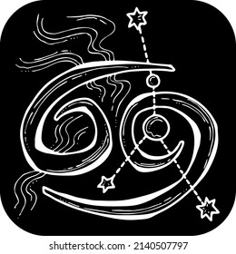 Zodiac symbol Cancer with stars constellation for future telling. Horoscope sing mysterious and occult science. Hand drawn retro vintage vector illustration. Old school style comics cartoon drawing. 