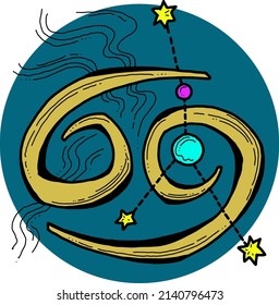 Zodiac-Symbol Krebs mit Sternbildern für das zukünftige Erzählen. Das Horoskop singt geheimnisvolle und okkulte Wissenschaft. Handgezeichnet Retro Vintage Vektorgrafik. Comiczeichner im Stil der alten Schule. 