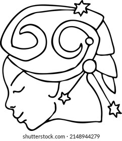 Zodiac symbol Cancer with stars constellation for future telling. Beautiful woman face horoscope sing mysterious and occult science. Hand drawn vector illustration. Simple black line drawing.