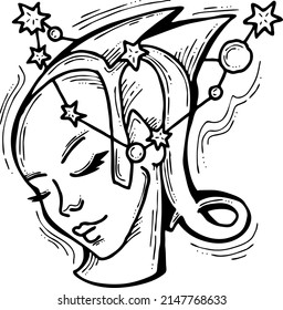 Zodiac symbol Capricorn with stars constellation for future telling. Beautiful face horoscope sing mysterious and occult science. Hand drawn retro vintage vector illustration. Old  style drawing. 
