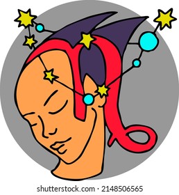 Zodiac symbol Capricorn with stars constellation for future telling. Beautiful face horoscope sing mysterious and occult science. Hand drawn retro vintage vector illustration. Old  style comic drawing