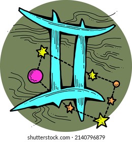 Zodiac-Symbol Gemini mit Sternbildern für das zukünftige Erzählen. Das Horoskop singt geheimnisvolle, okkulte Wissenschaft. Handgezeichnet Retro Vintage Vektorgrafik. Comiczeichner im Stil der alten Schule. 