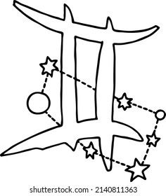 Zodiac symbol Gemini with stars constellation for future telling. Horoscope sing mysterious, occult science. Hand drawn retro vintage vector illustration. Old school style comics cartoon drawing. 