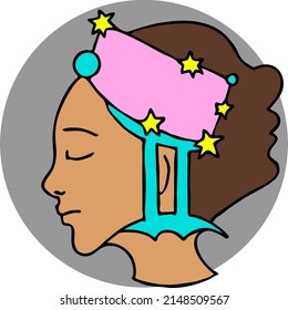 Zodiac symbol Gemini with stars constellation for future telling. Beautiful face horoscope sing mysterious, occult science. Hand drawn retro vintage vector illustration. Old style cartoon drawing.