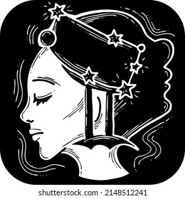 Zodiac symbol Gemini with stars constellation for future telling. Beautiful face horoscope sing mysterious, occult science. Hand drawn retro vintage illustration. Old style comics cartoon drawing.