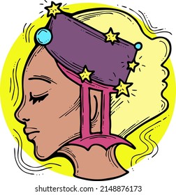 Zodiac symbol Gemini with stars constellation for future telling. Beautiful face horoscope sing mysterious, occult science. Hand drawn retro vintage vector illustration. Old style cartoon drawing.